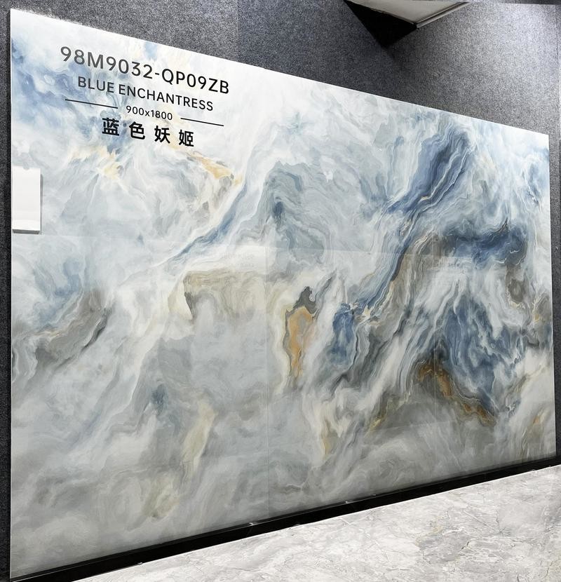 Moisture-Proof 900x1800x9mm Wear-Resistant Inside Floor Blue White Glazed Polished Porcelain Tile For Decoration