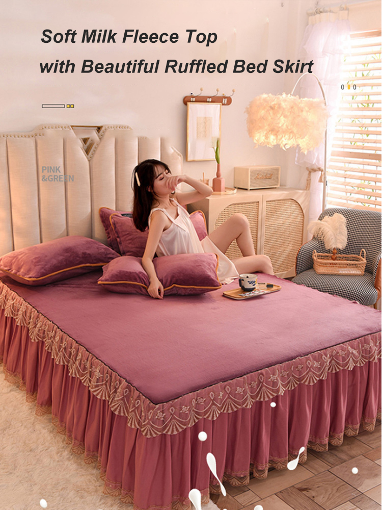 Adult Child Comfort Fleece Flannel Bed Skirt Set Floral Print Double Layer Bedspread