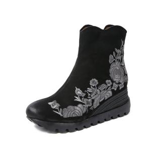 China S028 New autumn and winter embroidered leather women's mid-boots wedge round toe waterproof platform flower embroidery factory