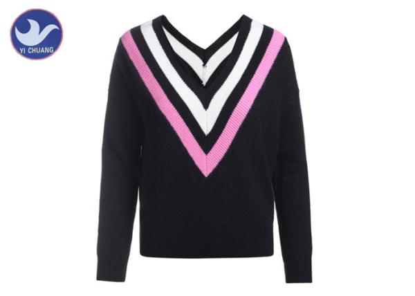 Hot Preppy Style Womens Knit Pullover Sweater Stripes Double Big V Neck Jumper