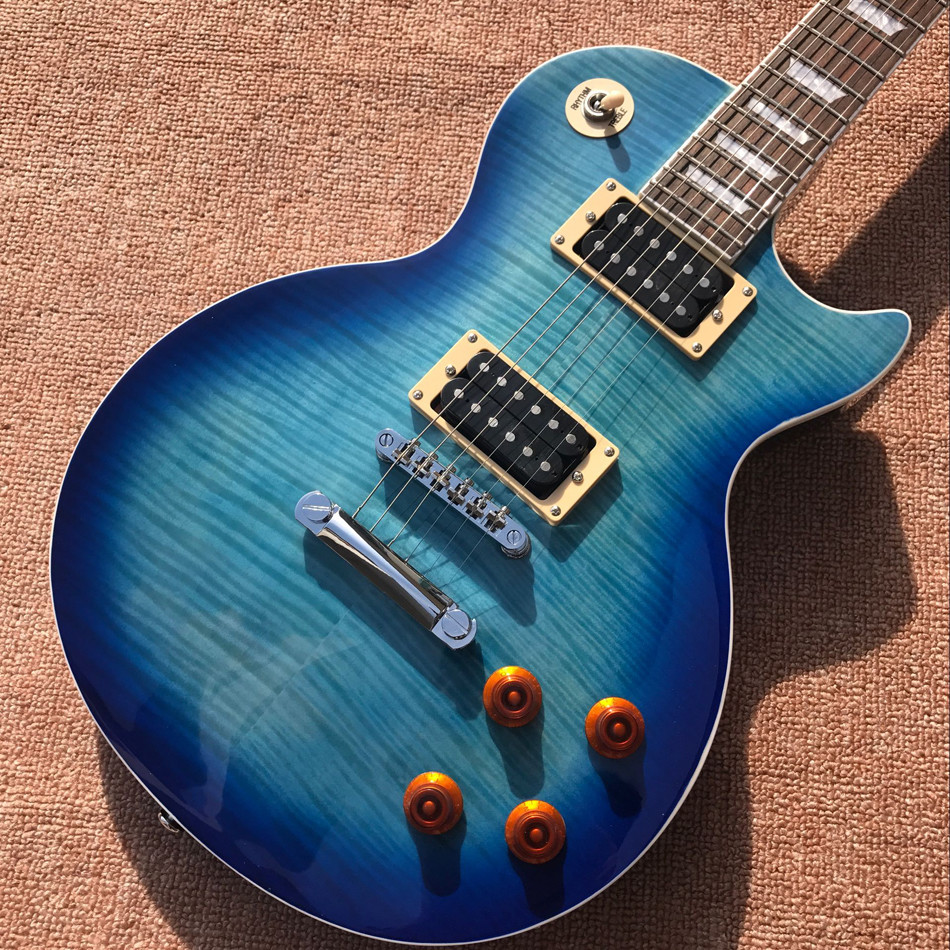 Custom LP tiger flame standard blue electric guitar mahogany body neck