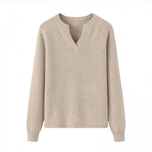 China Custom Women Cashmere Sweater Beige Casual Soft V Neck Winter Tops factory