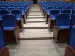 Multi Seat Cinema Hall Chair Wood Armrest Padded With Fabric Blue Color