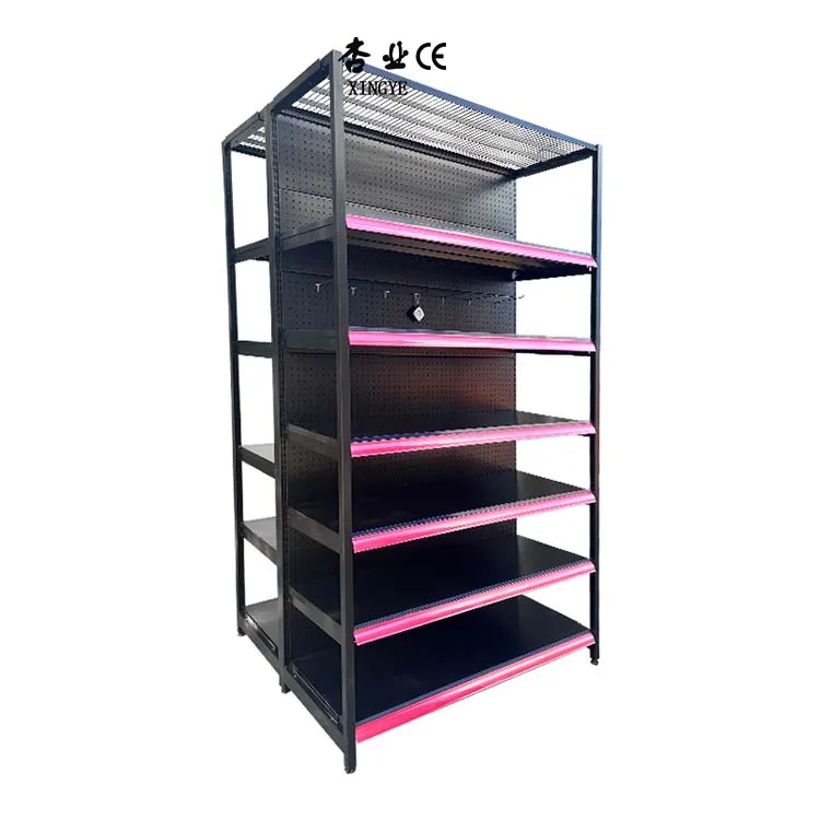Factory Custom Size Color Logo double-sided 4 upright gondola shelf hole backboard Frosted gray supermarket shelf