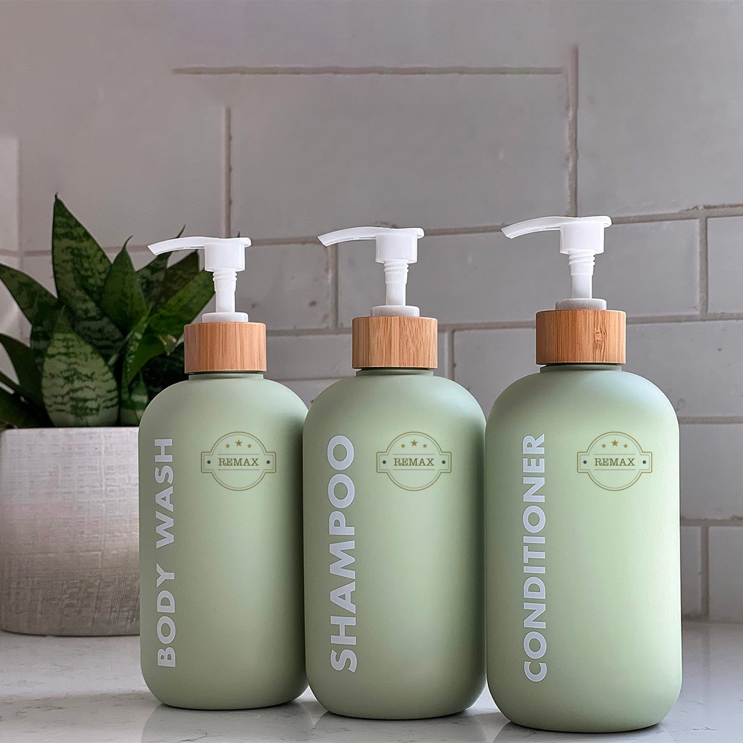 500ml Green cylindrical smooth with bamboo pump for shampoo lotion bottle