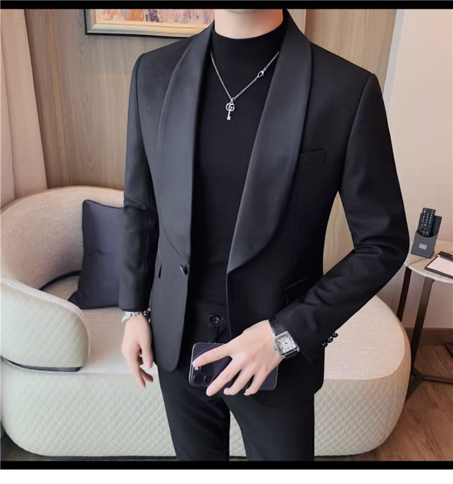 end Business Formal Dress Suit Blazer Jacket in Black Leather Fabric for Men's Attire