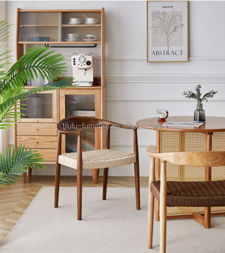 Home Furniture Modern North European Style Woven Cord Dining Chairs with Rubber Wood Frame