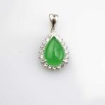 Women Jewelry 925 Silver Pear Shaped Green Jade Cubic Zirconia Pendant Necklace