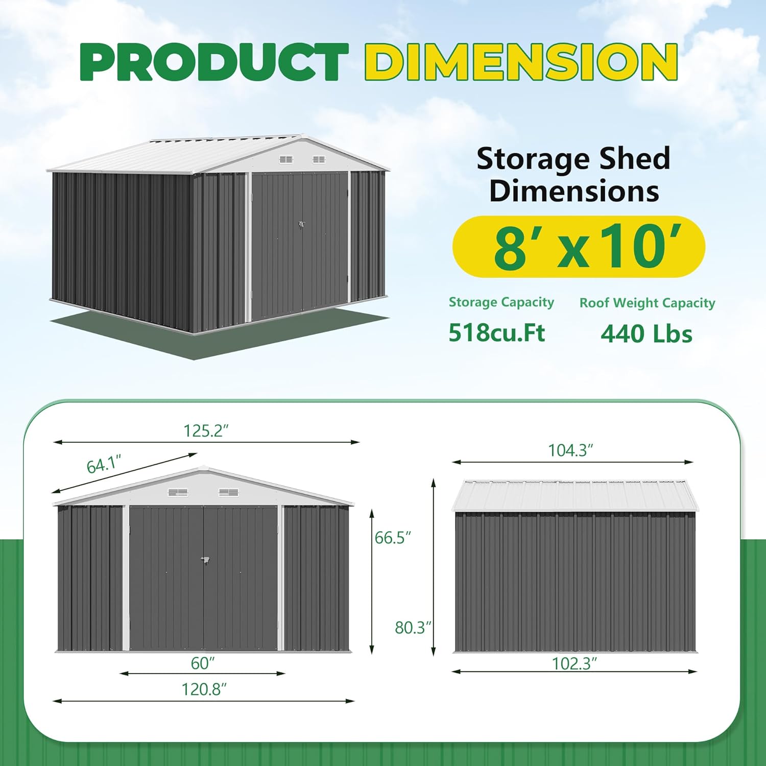 Outdoor Storage Tools Shed Large Size 8x10FT Metal House with 66.5" Height Steel Doors