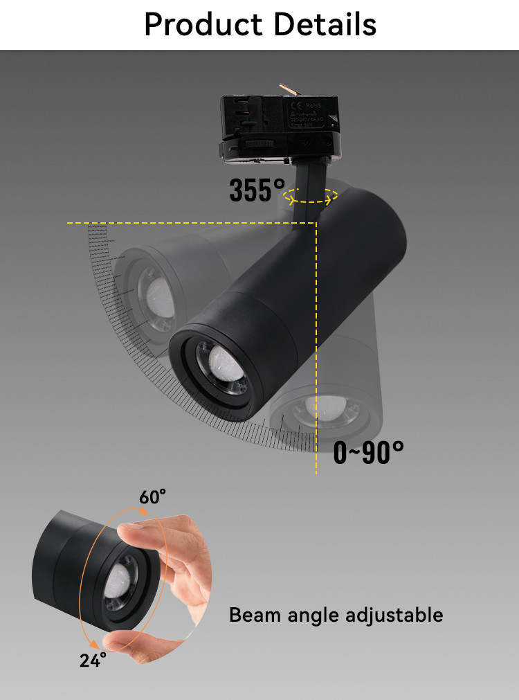24-60° Zoomable Track Light 3 Phase Black Adjustable Spotlight