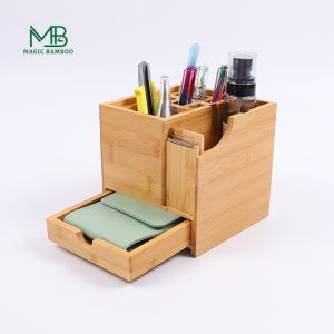 Bamboo Multifunctional Pen Holder With Drawer And Tape Cutter