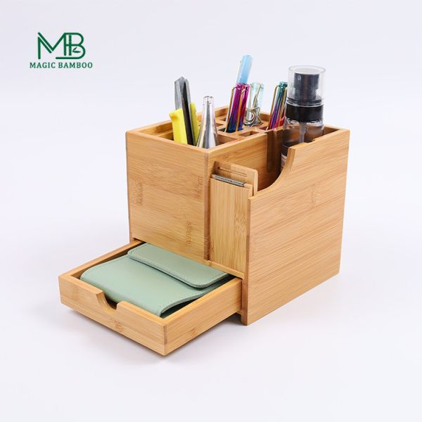 China Bamboo Multifunctional Pen Holder With Drawer And Tape Cutter factory