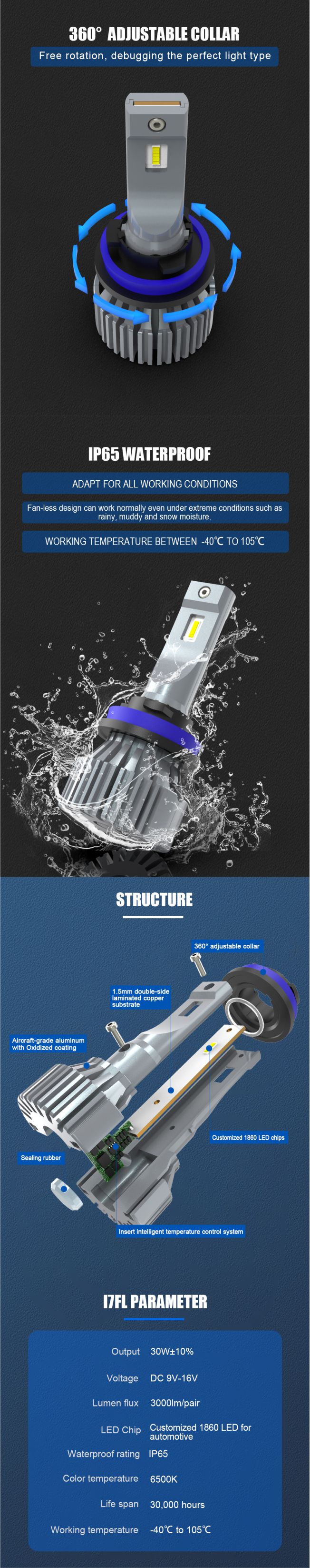 Small H11 Fanless LED Headlight Bulb Waterproof 4800LM 50W Fit Mazda Ford