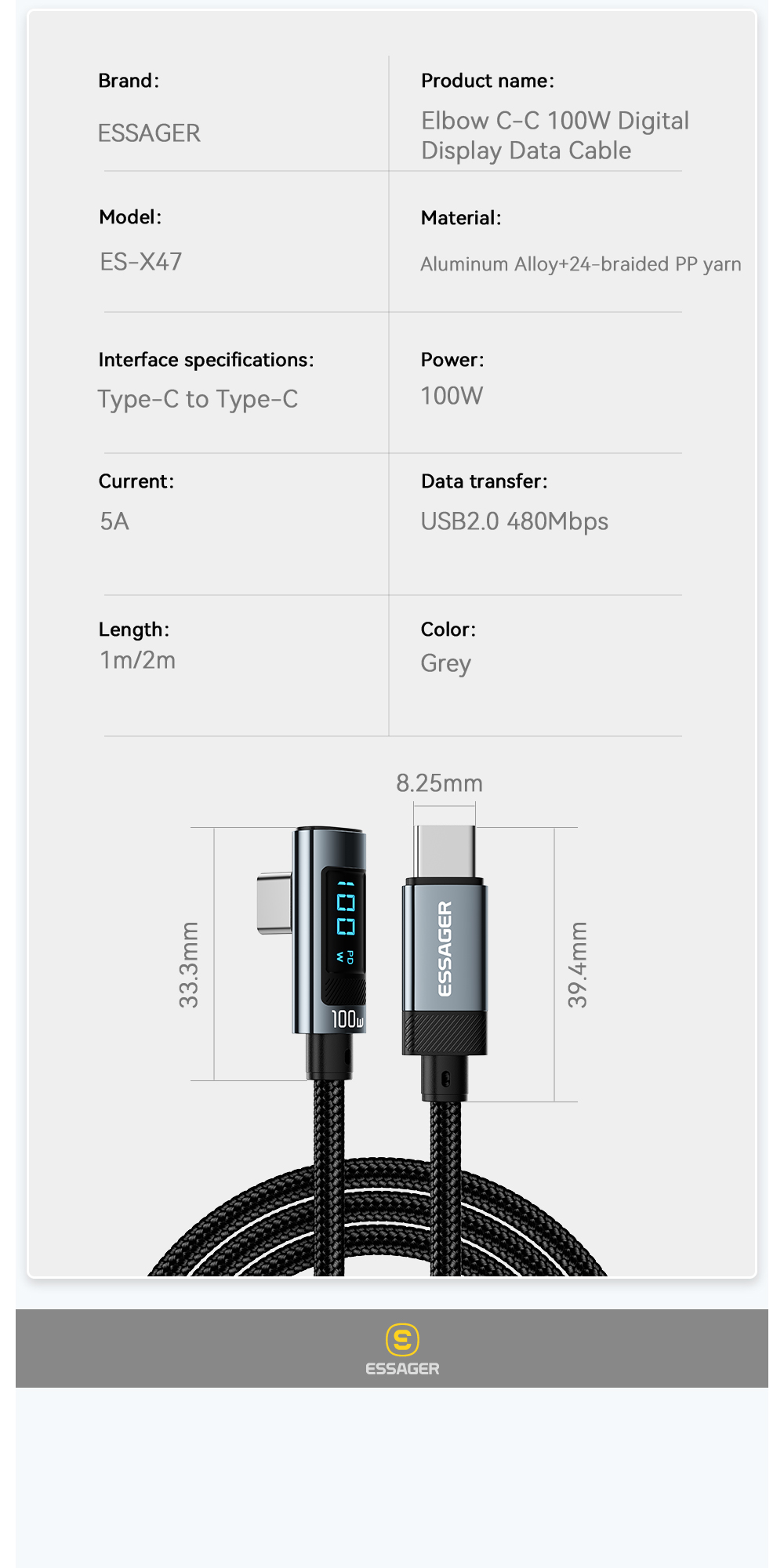 Aluminum Alloy C-C USB C To C Charging Cable 100W ES-X47 Series 1m 2m