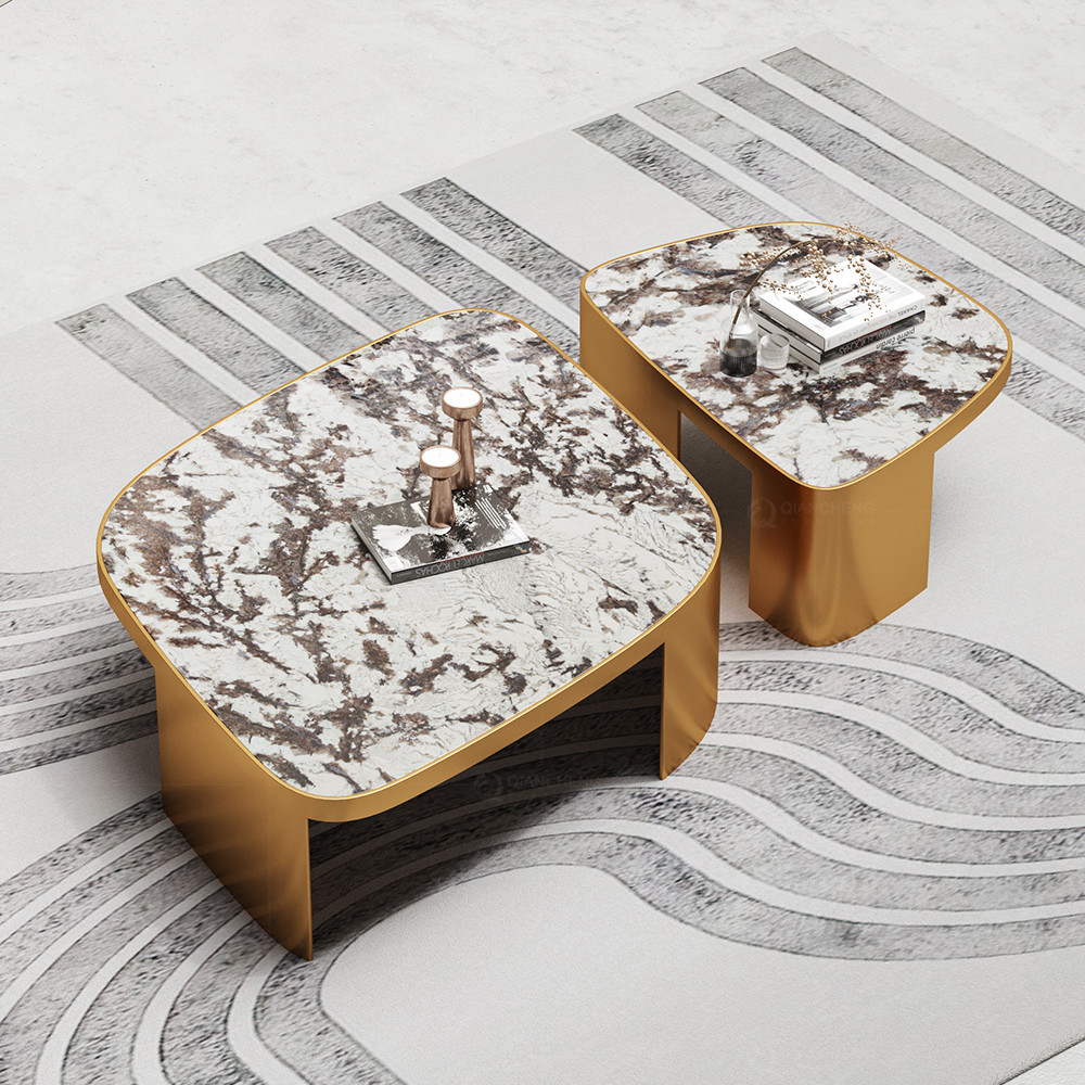 Gold Metal Marble Glass SS Coffee Table Brushed Champagne