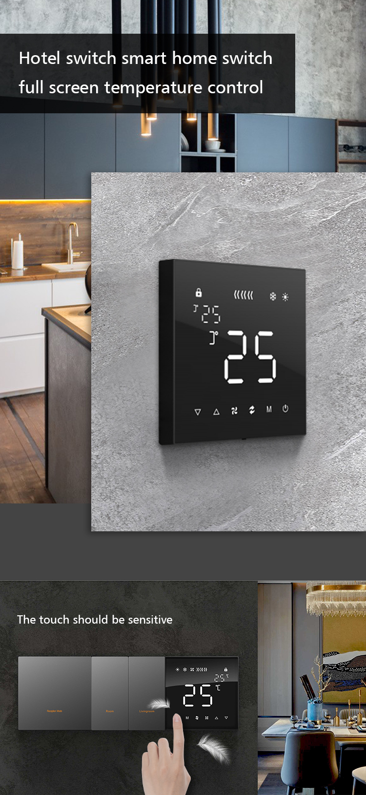 Full Touch Screen KNX Thermostat Controlling Air Conditioner For Smart Home Installation