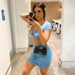 Blue Two Piece Casual Set Short Sleeve V Neck T Shirt High Waist Bodycon Skirt