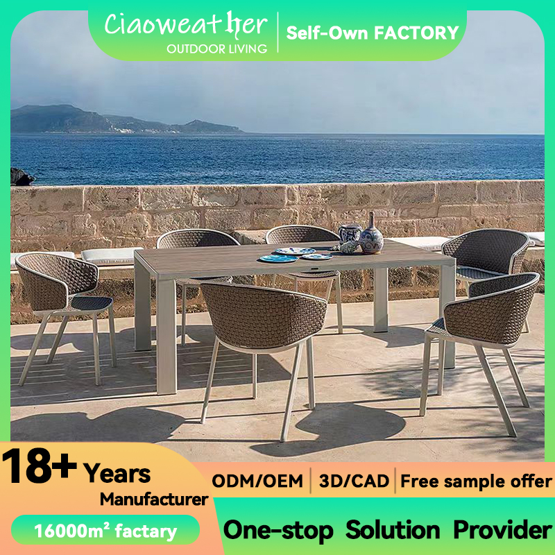 Outdoor Leisure Hotel Rattan Dining Set with Waterproof Upholstery Cushion and Aluminum Frame in Modern Simplicity Design
