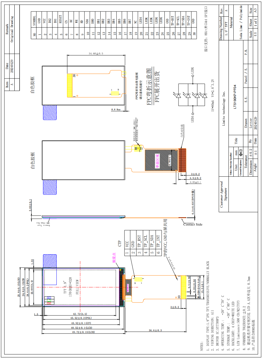 1.9 Inch IPS TFT LCD Display 170x320 For industrial Products MCU SPI ST7789