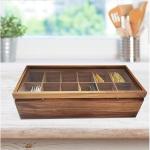 Adjustable Flat Chest 12 Compartments Wooden Tea Bag Storage Box Glass Top