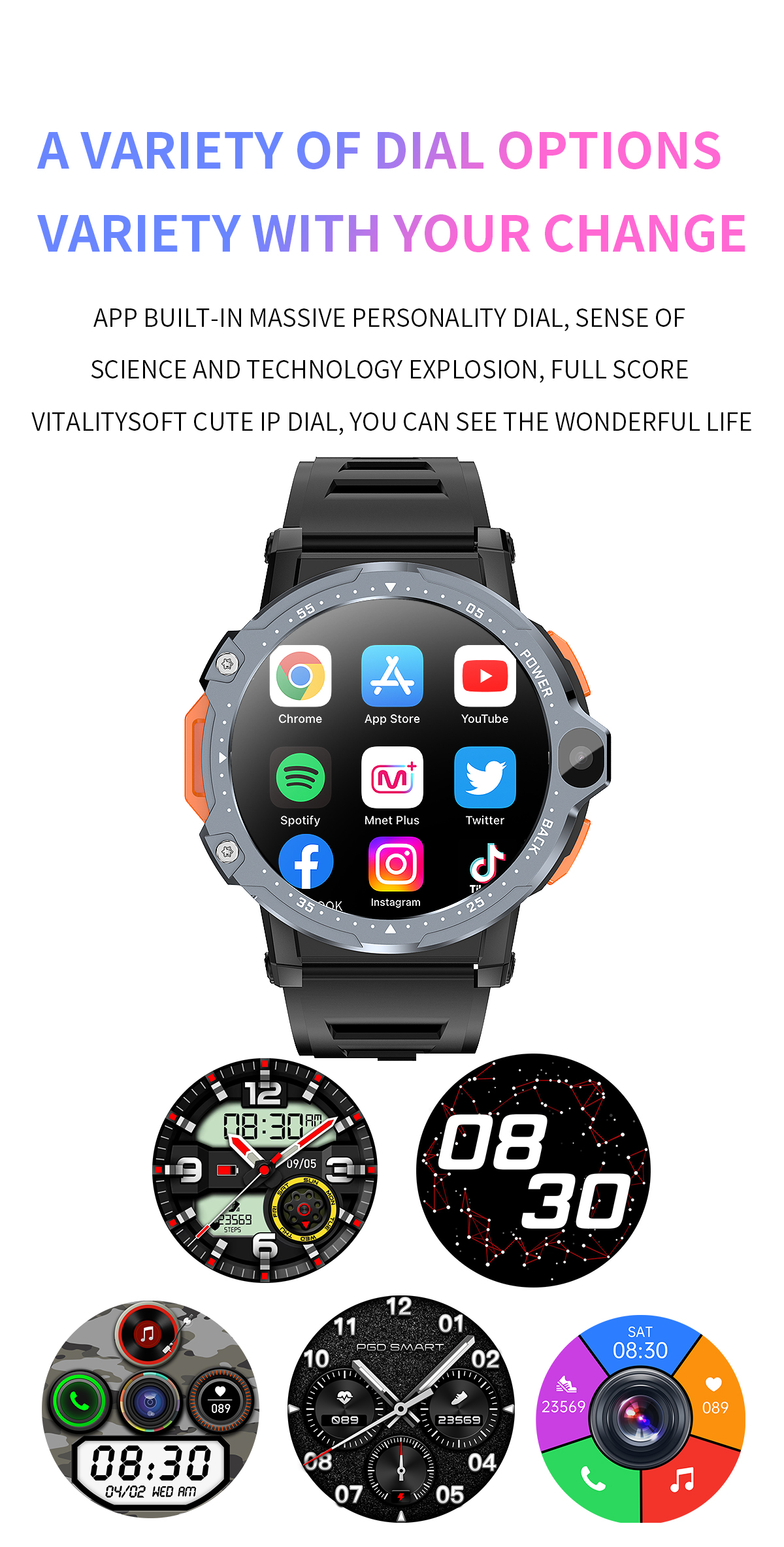 PG999 Black 2+16GB Android Heart Rate Monitor Watch 1.54'' 8.1 Dual Camera WIFI GPS 800mAh 4G