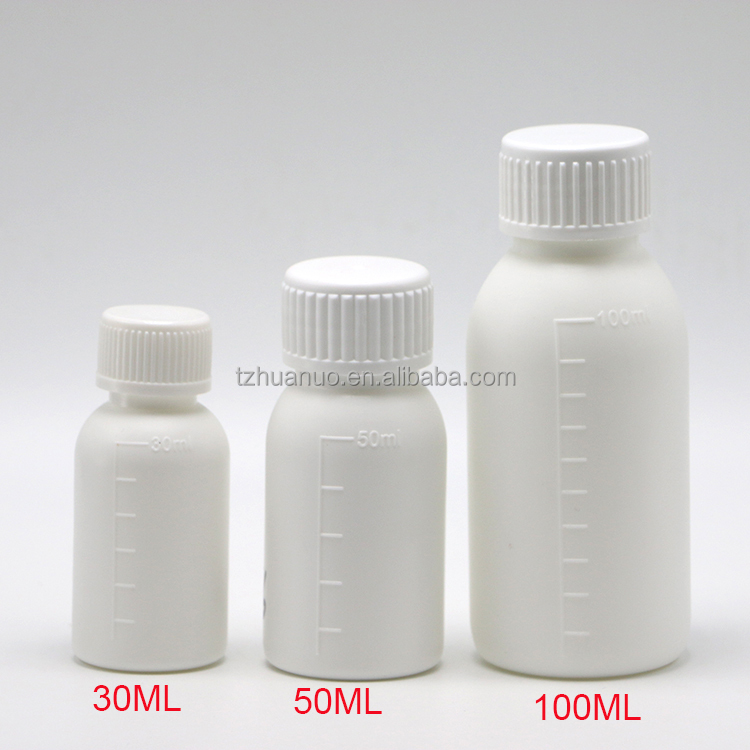 30mL/50mL/100mL PP White Liquid Medicine Bottle with Scaled Body and Screen Printing