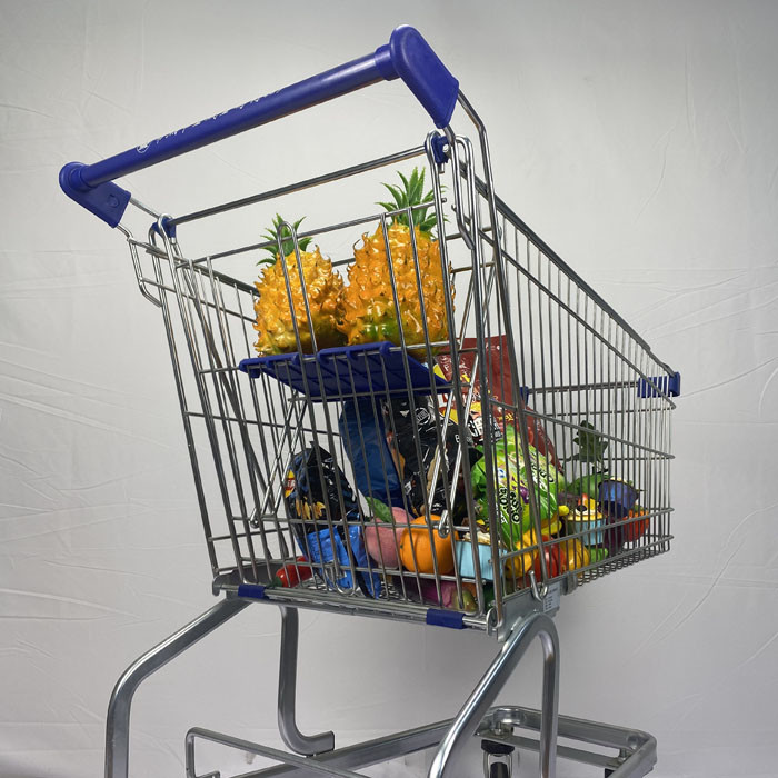 German Style 150L Large Capacity Grocery One-Stop Shopping Supermarket Steel Trolley PU Wheels With Blue Plastic Parts