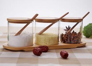 China Seasonings Transparent Glass Jars Flavor Bottle Set With Wooden Spoon Tray factory