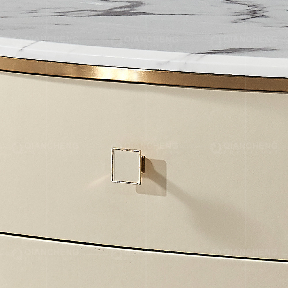 Beige Coffee Dining Table With 2 Drawers 20mm Faux Marble On Top Golden Stainless Steel Legs