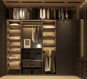 China 5M Sliding Door Wardrobe Closet With Open Shelves And Jewelry Drawer factory