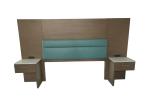 Oak wood veneer with blue vinyl upholstery king headboard with 2 night stands