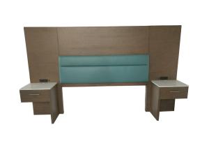 China Oak wood veneer with blue vinyl upholstery king headboard with 2 night stands for hotel bedroom furniture,casegoods factory