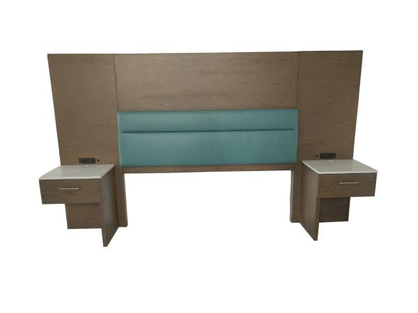 Oak wood veneer with blue vinyl upholstery king headboard with 2 night stands