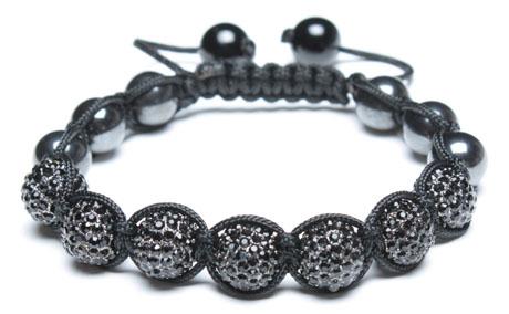Adjustable Shamballa Bracelet, Magnetic Hematite Rounds/Black Rhinestone Ball