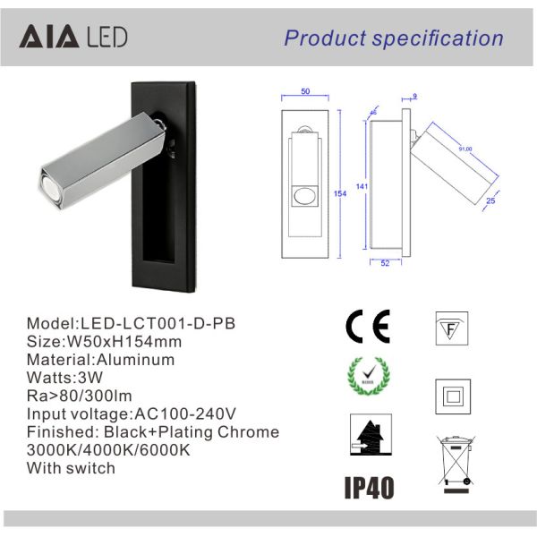 Rotating Recessed mounted bed sides light 3W led bed lighting reading light bed head wall lamp