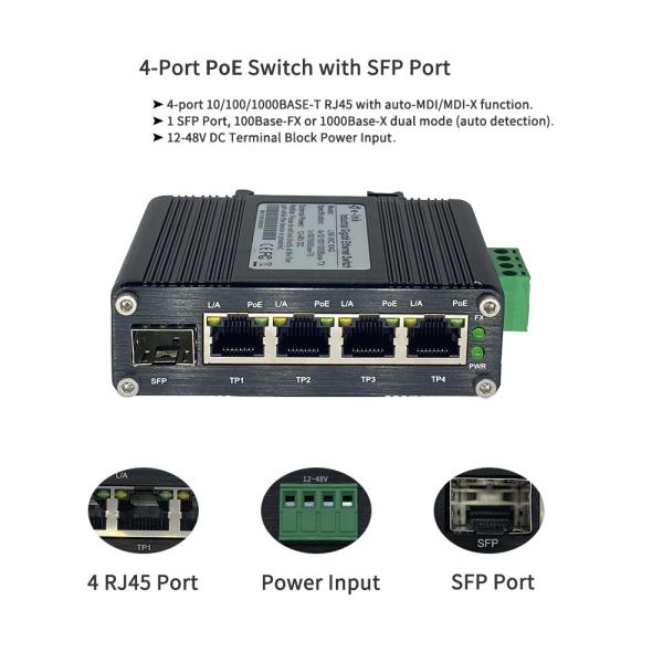 12VDC-48VDC Industrial Small Poe Switch 5 Port Injector