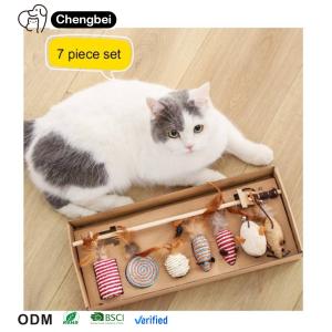 China Cat Teaser Playing Cat Toys Interactive Set Wooden Gift Box 7pcs Cat Teaser Wand for Cats factory