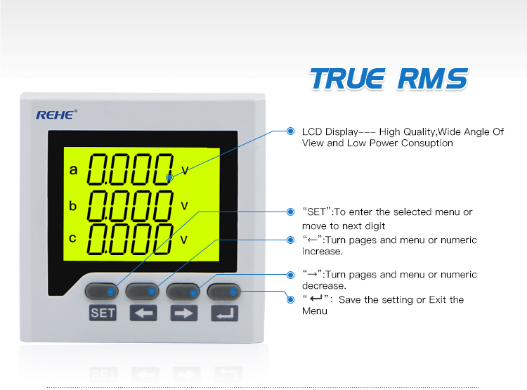 72*72mm Three Phase Smart True RMS Power Meter with RS485 Communication Port