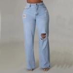 Fashion Loose Light Blue Denim Pants Wide Leg Ripped Jeans For Women