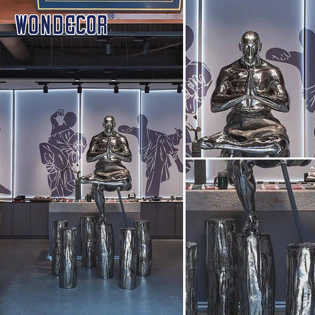 Large Scale Cast Metal Stainless Steel Garden Art Meditation Martial Monk