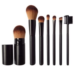China Matt Black Aluminium Tube Retractable 7 Piece Makeup Brush Set With Bag factory