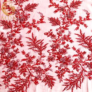 China Sustainable Handmade Lace Fabric Beaded Red Lace Material 15 Yards Length factory
