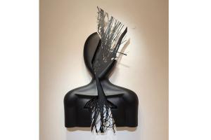 China 145cm H Fiberglass Abstract Figure Wall Art Sculpture Black Matt Finish factory