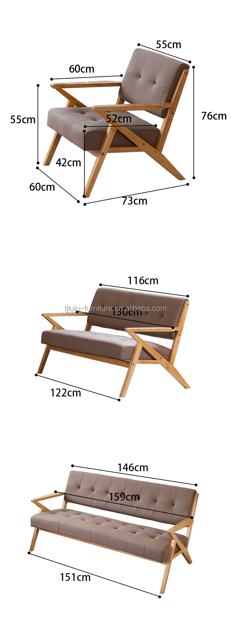 Solid Wood Fabric Wooden Sofa Chair W60*D73*H76CM The Ultimate Seating Solution for Modern Living Room and Hotel