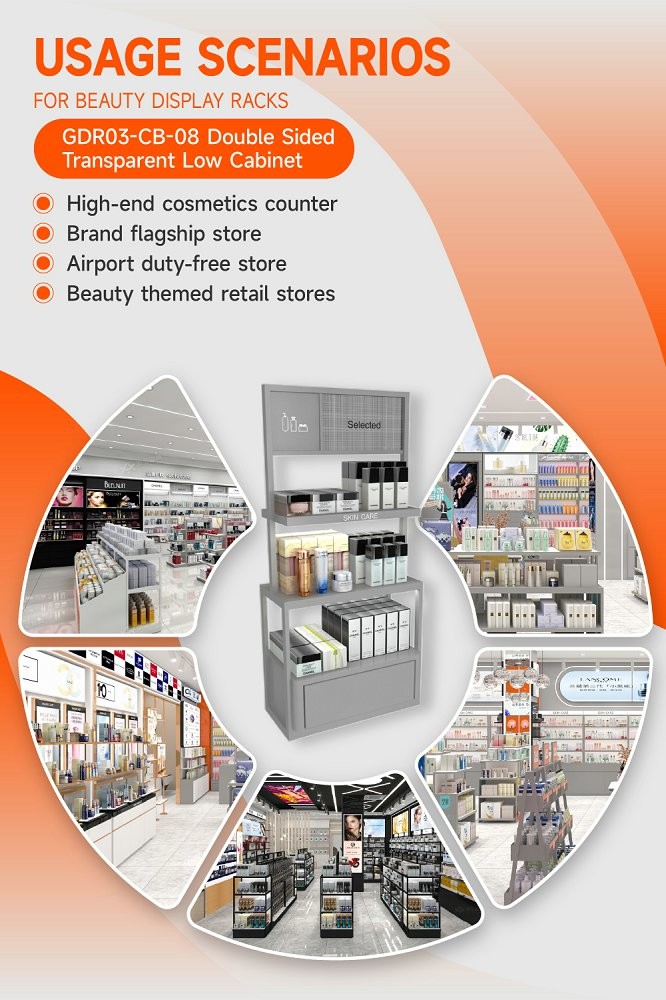 GDR03-CB-08 Double Sided Transparent Low Cabinet with Adjustable Shelves and Luxury Branding Integration for Specialty Beauty Stores