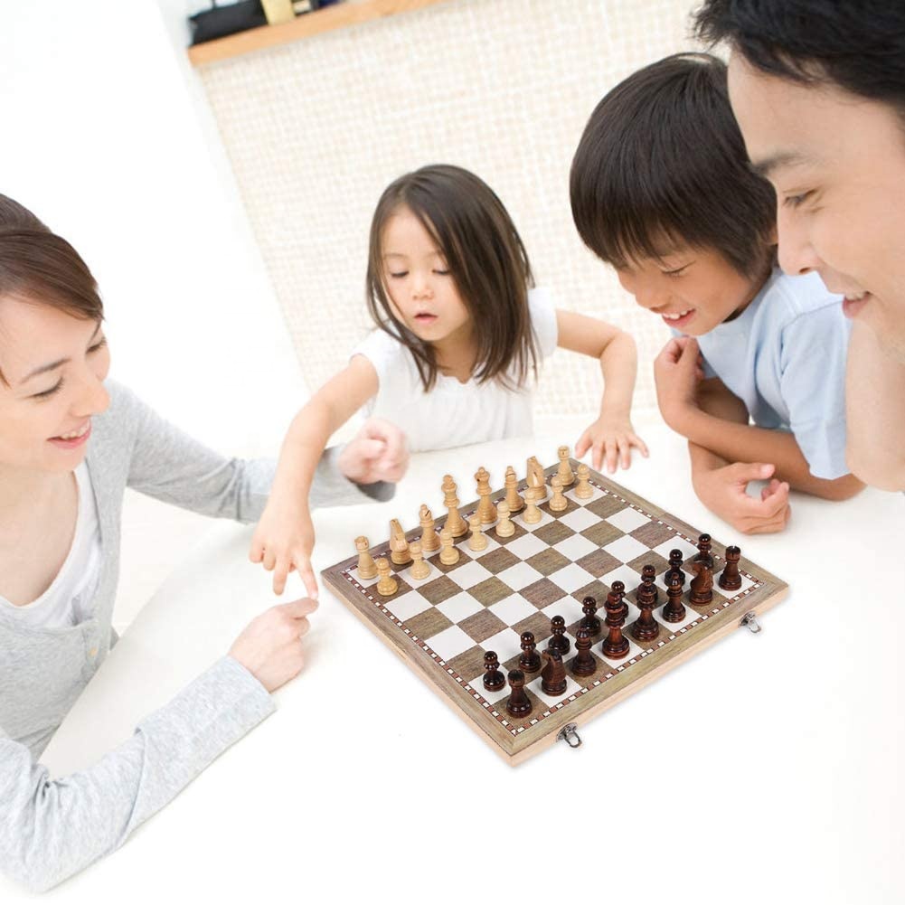 3 in 1 Chess Set Wooden International Chess Game Backgammon Checkers Chessboard Funny Board Game Puzzle Toys Gift with Portable