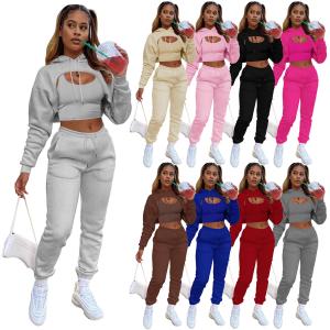 China Printed Pink Women Tracksuits 3 Piece Set Crop Top Hoodie and Joggers Cropped Hoodies factory