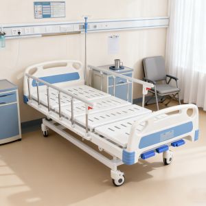 China 3-Function Manual Medical Bed With Foldable Aluminum Guardrails And Silent Locking Casters factory