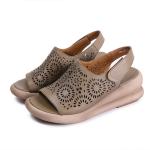 S476 Leather Handmade Velcro Casual Women'S Sandals High Heel Retro Thick Bottom