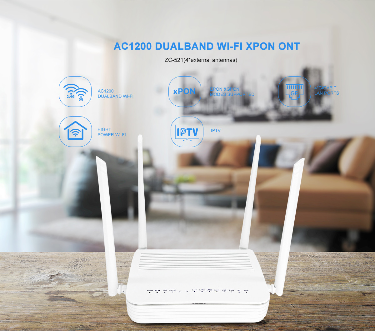 2x2 MIMO EPON GPON ONT Modem WiFi 4GE 1USB Home Gateway XPON ONU